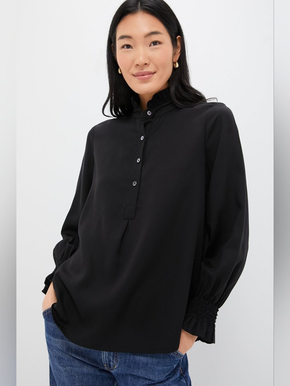 Tuckernuck Black Teagan Popover Shirt, Black XXL, Ruffle High Neck Smocked Cuffs